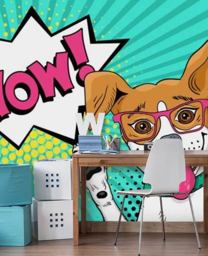 Divertente cane sorpreso con gli occhiali con la bocca aperta che alza le zampe verso l'alto, murale pop art Divertente cane sorpreso con gli occhiali con la bocca aperta che alza le zampe verso l'alto, murale pop art