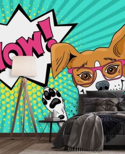 Cachorro engraçado e surpreso em óculos com a boca aberta levantando as patas no mural de arte pop