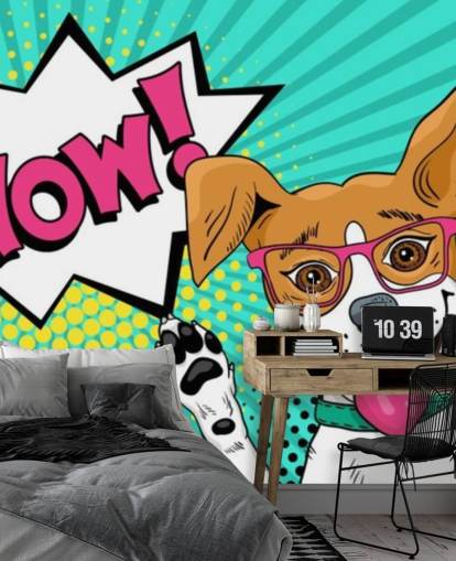 Rolig överraskad hund i glasögon med öppen mun som höjer tassarna upp popkonstväggmålning Rolig överraskad hund i glasögon med öppen mun som höjer tassarna upp popkonstväggmålning