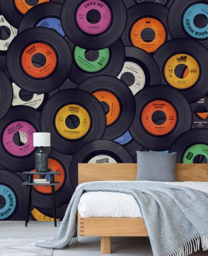 mural de papel pintado de vinilo negro llamado Vinyl Records para dormitorios, cuevas de hombres y locales