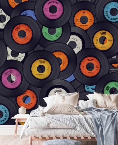 mural de papel pintado de vinilo negro llamado Vinyl Records para dormitorios, cuevas de hombres y locales