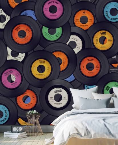 mural de papel pintado de vinilo negro llamado Vinyl Records para dormitorios, cuevas de hombres y locales