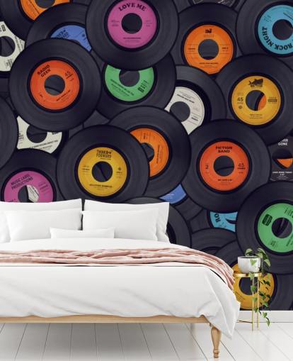 carta da parati murale in vinile nero chiamata Vinyl Records per camere da letto, grotte e luoghi