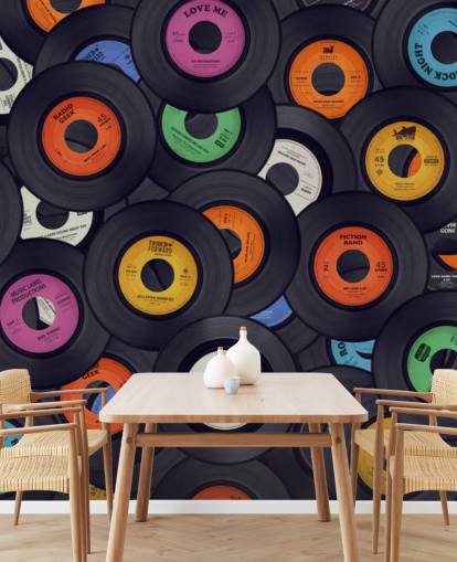 mural de papel pintado de vinilo negro llamado Vinyl Records para dormitorios, cuevas de hombres y locales