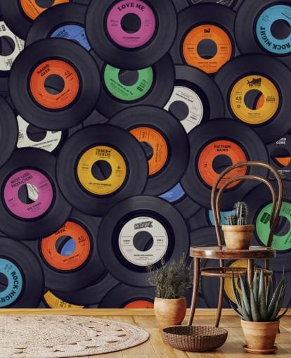 mural de papel pintado de vinilo negro llamado Vinyl Records para dormitorios, cuevas de hombres y locales