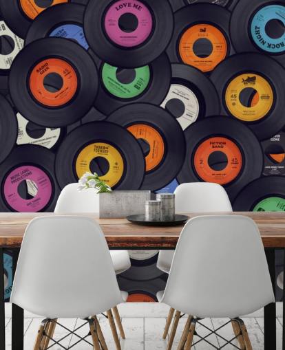 zwarte vinylbehangmuurschildering genaamd Vinyl Records voor slaapkamers, grotten en locaties