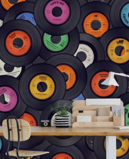 mural de papel pintado de vinilo negro llamado Vinyl Records para dormitorios, cuevas de hombres y locales