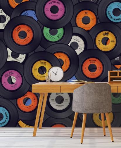 black vinyl wallpaper mural called Vinyl Records for bedrooms, man caves and venues