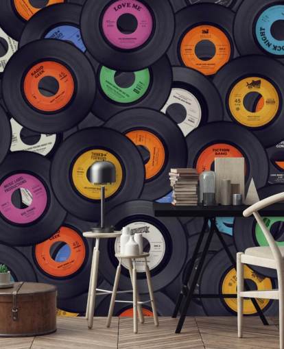schwarze Vinyltapete namens Vinyl Records für Schlafzimmer, Menschenhöhlen und Veranstaltungsorte schwarze Vinyltapete namens Vinyl Records für Schlafzimmer, Menschenhöhlen und Veranstaltungsorte