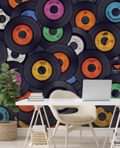 svart vinyl tapetväggmålning kallad Vinyl Records för sovrum, mangrottor och arenor