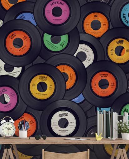 schwarze Vinyltapete namens Vinyl Records für Schlafzimmer, Menschenhöhlen und Veranstaltungsorte