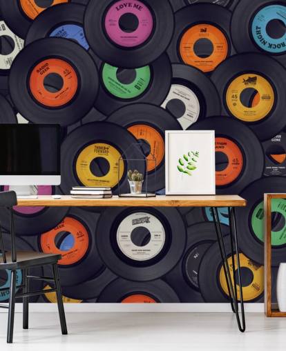 mural de papel pintado de vinilo negro llamado Vinyl Records para dormitorios, cuevas de hombres y locales