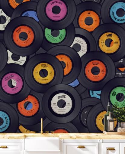 mural de papel de parede de vinil preto chamado Vinyl Records para quartos, cavernas masculinas e locais mural de papel de parede de vinil preto chamado Vinyl Records para quartos, cavernas masculinas e locais