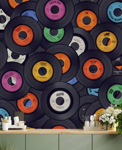 black vinyl wallpaper mural called Vinyl Records for bedrooms, man caves and venues