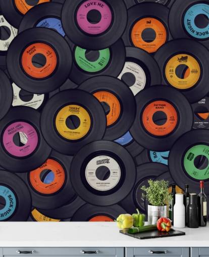 black vinyl wallpaper mural called Vinyl Records for bedrooms, man caves and venues
