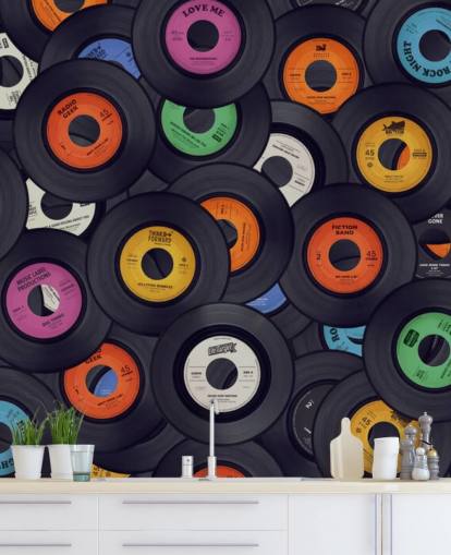 schwarze Vinyltapete namens Vinyl Records für Schlafzimmer, Menschenhöhlen und Veranstaltungsorte