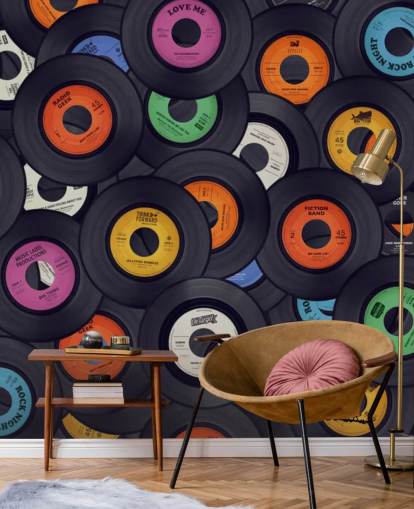 carta da parati murale in vinile nero chiamata Vinyl Records per camere da letto, grotte e luoghi
