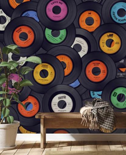 mural de papel pintado de vinilo negro llamado Vinyl Records para dormitorios, cuevas de hombres y locales
