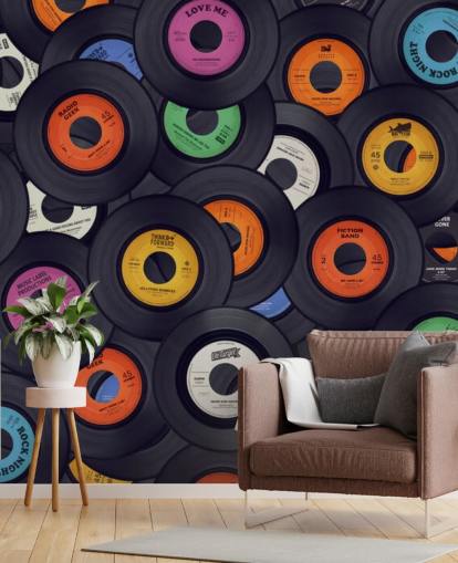 carta da parati murale in vinile nero chiamata Vinyl Records per camere da letto, grotte e luoghi