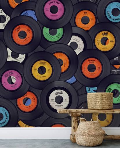 black vinyl wallpaper mural called Vinyl Records for bedrooms, man caves and venues