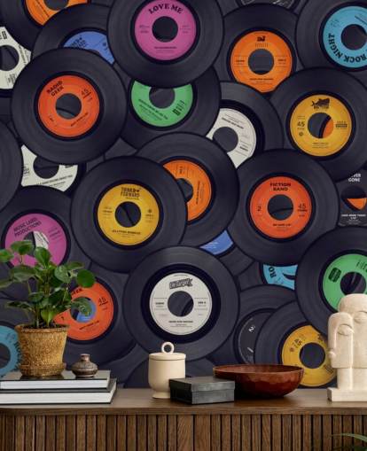 mural de papel de parede de vinil preto chamado Vinyl Records para quartos, cavernas masculinas e locais