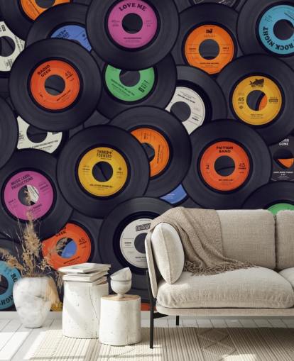 svart vinyl tapetväggmålning kallad Vinyl Records för sovrum, mangrottor och arenor