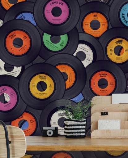 schwarze Vinyltapete namens Vinyl Records für Schlafzimmer, Menschenhöhlen und Veranstaltungsorte