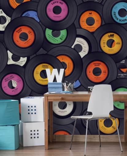 carta da parati murale in vinile nero chiamata Vinyl Records per camere da letto, grotte e luoghi
