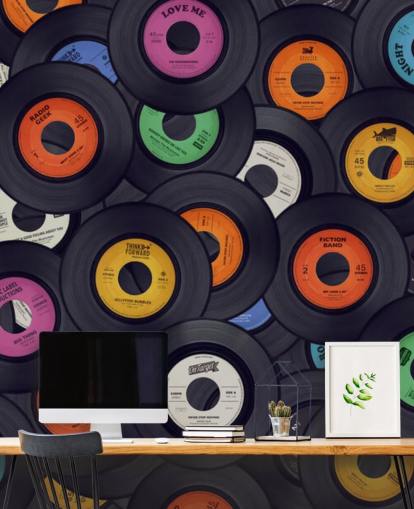sort vinyltapet vægmaleri kaldet Vinyl Records til soveværelser, mandshuler og spillesteder