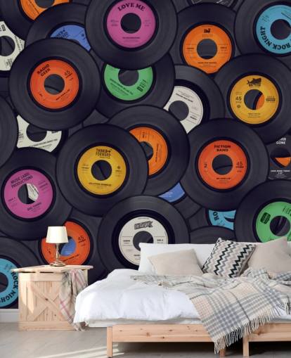 black vinyl wallpaper mural called Vinyl Records for bedrooms, man caves and venues