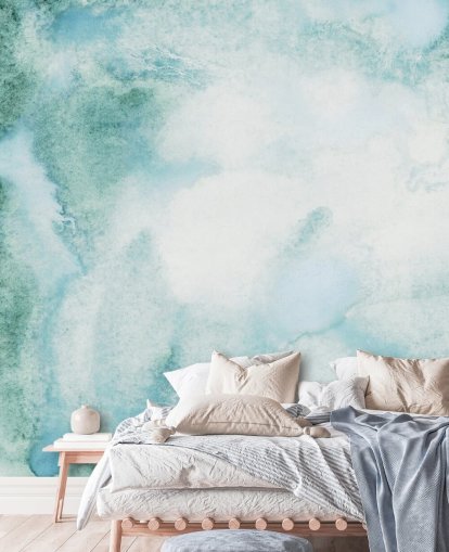 Blauw en groen abstract aquarelbehang