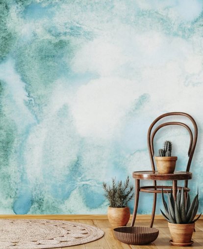 Blauw en groen abstract aquarelbehang