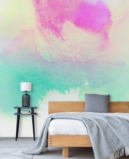 Turquoise en roze aquarelbehang