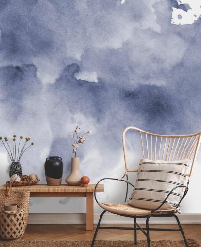 Papel pintado Acuarela azul marino y blanco