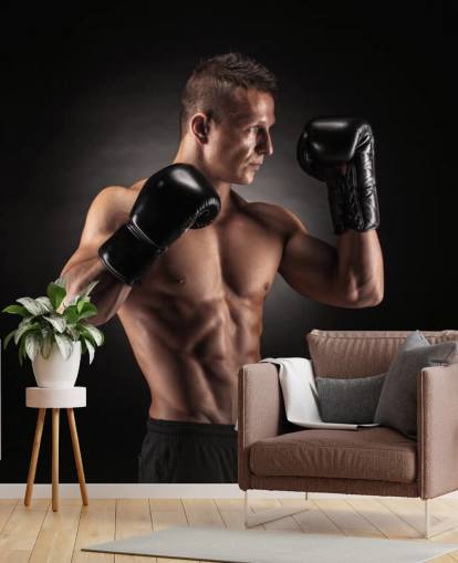 Boxer poseren met zwarte achtergrond behang
