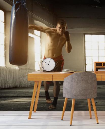 Young Man Boxing in Warehouse Wallpaper