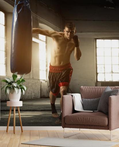 Young Man Boxing in Warehouse Wallpaper Young Man Boxing in Warehouse Wallpaper