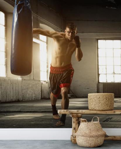 Young Man Boxing in Warehouse Wallpaper Young Man Boxing in Warehouse Wallpaper
