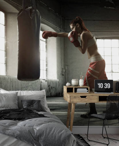 Treino de boxe jovem em um antigo mural de parede de prédio