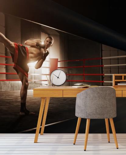 Young Male Boxer Kicking in Ring Wallpaper Mural