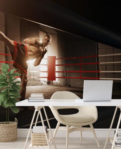 Young Male Boxer Kicking in Ring Wallpaper Mural