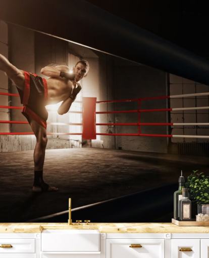 Young Male Boxer Kicking in Ring Wallpaper Mural