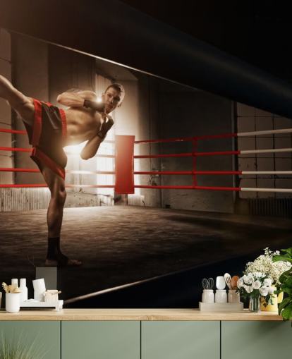 Young Male Boxer Kicking in Ring Wallpaper Mural