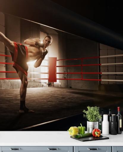 Young Male Boxer Kicking in Ring Wallpaper Mural