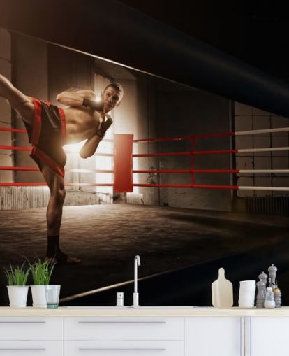 Young Male Boxer Kicking in Ring Wallpaper Mural Young Male Boxer Kicking in Ring Wallpaper Mural