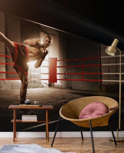 Young Male Boxer Kicking in Ring Wallpaper Mural