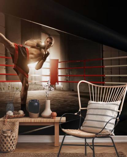 Young Male Boxer Kicking in Ring Wallpaper Mural