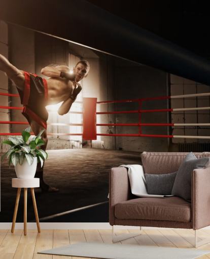 Young Male Boxer Kicking in Ring Wallpaper Mural
