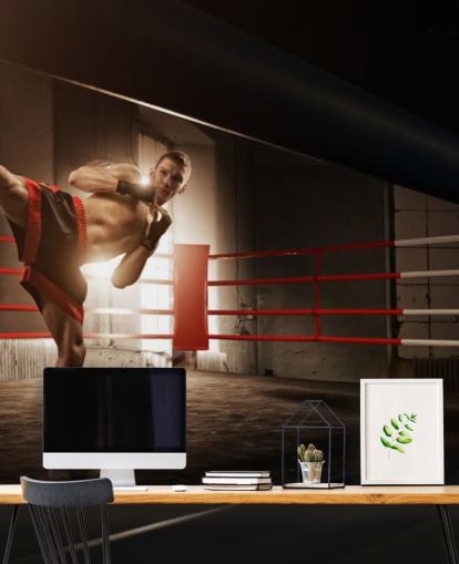 Unge mandlige Boxer sparker i Ring tapet vægmaleri