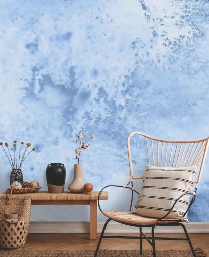 vaaleansininen vesiväritapetti seinämaalaus nimeltä Blue Watercolor keittiöihin, olohuoneisiin ja makuuhuoneisiin